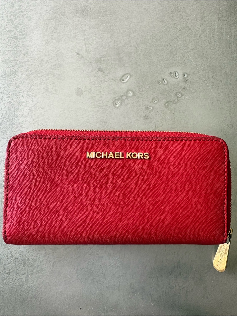 Michael Kors Red Zip-Around Saffiano Wallet with Gold Logo